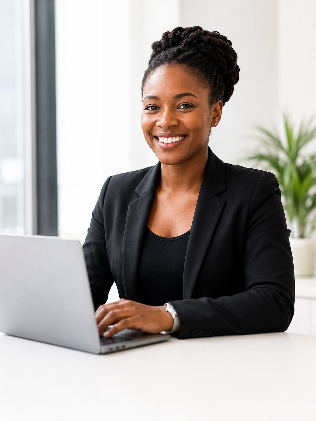Friendly finance consultant working on a laptop